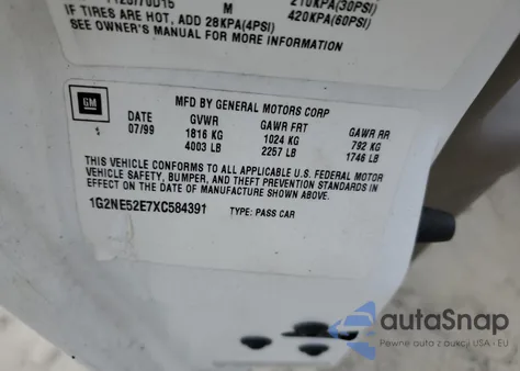 1999 Pontiac Grand Am Se z USA, uszkodzony, nr VIN 1G2NE52E7XC584391